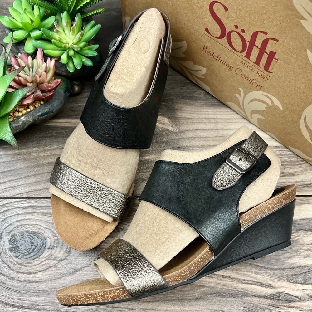 NIB Sofft Vanita 8W Strappy Slingback Leather Wedge Sandal Black/Copper